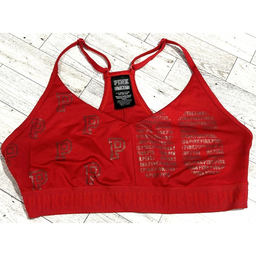 Victoria's Secret PINK Red Gold Metallic Racerback 86 Sports Bra Size LARGE Sexy